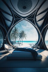 bedroom of a parametric futuristic luxury villa on the shore of the beach, palm trees and coconut trees around, deep blue skyline, very cozy lighting.. generative ai