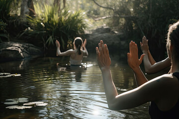 Two people with their hands up to each other person's face, as if they are doing yoga in a river.. Generative Ai