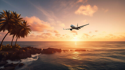 Airplane flying above tropical sea at sunset, generative ai