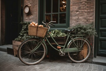 Fototapeta na wymiar A painted bicycle with a front basket filled with veggies parked next to a brick building with a door and window. Generative AI