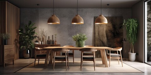 open plan living room with contemporary dining table and brown leather chairs Generative AI