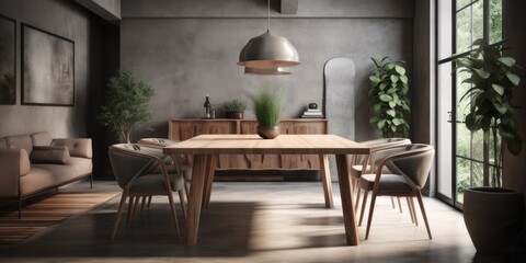 open plan living room with contemporary dining table and brown leather chairs Generative AI
