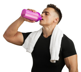 Perfect muscular man drink protein Ð¾f shaker