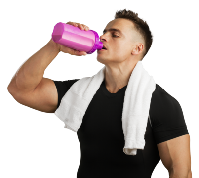 Perfect muscular man drink protein Ð¾f shaker