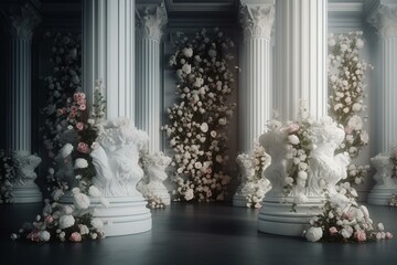 3D floral wallpaper with white columns as seamless backdrop. Generative AI
