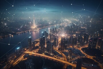 An AI-created smart city connected by wireless networks and a prominent cityscape. Generative AI