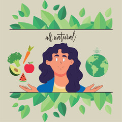 Isolated girl character with planet earth and fruits Vegan lifestyle Vector