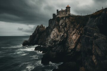 Fototapeta na wymiar A medieval fortress perched on a craggy cliff overlooking the ocean amidst a dark cloudy backdrop. Generative AI