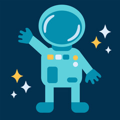 Astronaut in a turquoise suit raised his hand in greeting. Cartoon vector illustration on dark blue background. Space element.