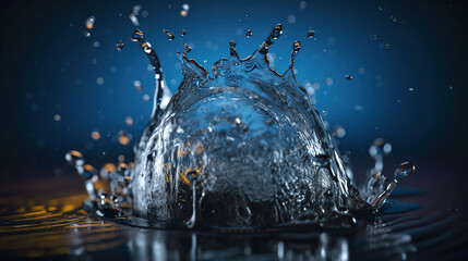 Fototapeta na wymiar water drop splash in a glass blue colored and camera lens, generative ai