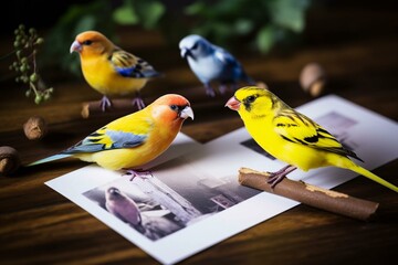An image of bright, adorable birds on a postcard-sized print. Generative AI