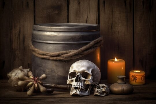 still life with a skull, a candle, and a candle holder. Generative AI
