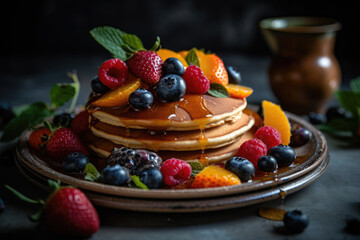 A plate of pancakes topped with berries, oranges, and strawberries, served with a glass of juice in the background.. Generative Ai