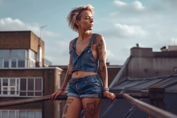 Young female millennial on a rooftop, showcasing her tattoos and wearing denim cutoff shorts. Her trendy style and urban vibe reflect a carefree and confident spirit, generative ai