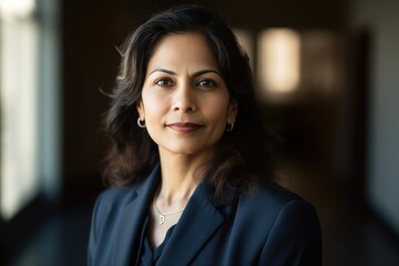 Hispanic female executive exuding confidence in a modern office setting, dressed in formal business attire, radiating leadership and success, portrait orientation, generative ai