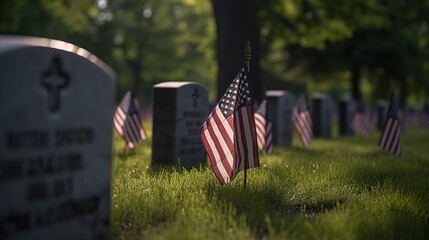 rows of gravestones with flags in military cemetery, generative AI - obrazy, fototapety, plakaty