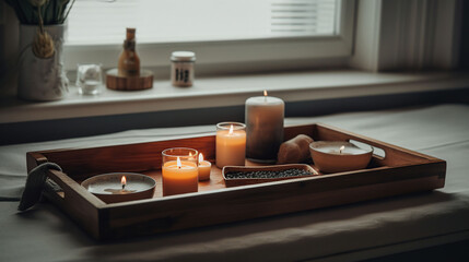 Wooden bathtub tray with candles, eyeglasses and cup of tea in light room, generative ai