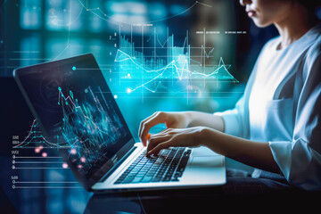 Business woman using laptop analytics. Professional businessman using technology. Generative AI