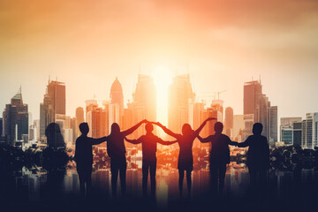 Double exposure panoramic teamwork business join hands. Concept of teamwork and business. Generative AI