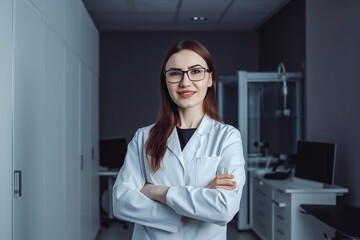 Female dentist standing with her hands crossed. Confident dentist standing in dentist office in white robe. Generative AI