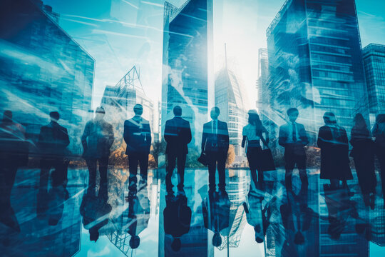 Double exposure image of group of business people conference. City background and business people. Generative AI