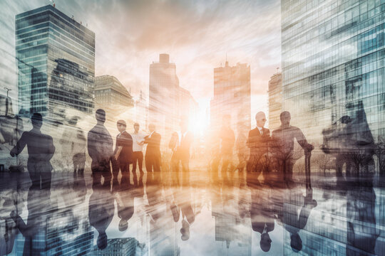Double exposure image of group of business people conference. City background and business people. Generative AI