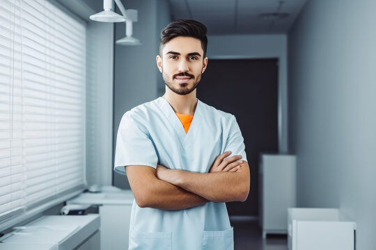 Male dentist standing with his hands crossed. Confident dentist standing in dentist office in white robe. Generative AI