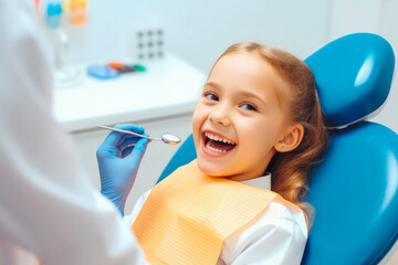 Little girl visiting dentist office. Smiling girl in dentist chair. Children's doctor, healthcare. Generative AI