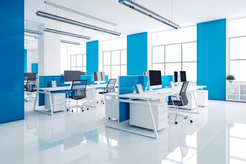 Fototapeta na wymiar Modern white and blue open space office interior. Empty clean modern office building. Generative AI