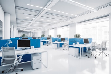 Fototapeta na wymiar Modern white and blue open space office interior. Empty clean modern office building. Generative AI
