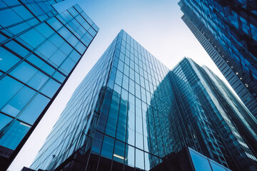 Reflective skyscraper business office buildings. Bottom up view of big modern city urban landscape. Generative AI. - obrazy, fototapety, plakaty