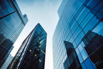 Plakat Reflective skyscraper business office buildings. Bottom up view of big modern city urban landscape. Generative AI.