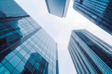 Fototapeta na wymiar Reflective skyscraper business office buildings. Bottom up view of big modern city urban landscape. Generative AI.