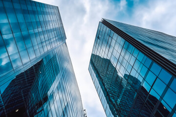 Fototapeta na wymiar Reflective skyscraper business office buildings. Bottom up view of big modern city urban landscape. Generative AI.