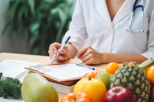 Modern doctor or pharmacy agent contract for healthy food. Closeup of doctor with fruit and vegetables on table. Generative AI
