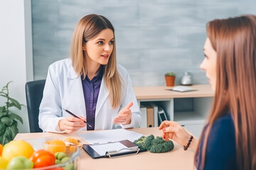 Young nutritionist consulting patient at table in clinic. Nutritionist with client at clinic, professional advice. Generative AI - obrazy, fototapety, plakaty