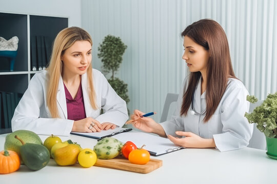 Young nutritionist consulting patient at table in clinic. Nutritionist with client at clinic, professional advice. Generative AI