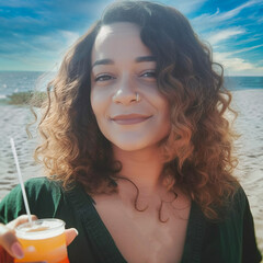 African American woman on the beach enjoying a cocktail, smiling.