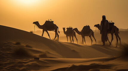 Indian cameleers (camel driver) bedouin with camel silhouettes in sand dunes of Thar desert on sunset. Generative ai