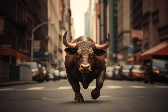 Bull market, a brown bull powerfully runs through a wide street of New York, high concentration as a strong will in the eyes of the bull, concept of business and stock market. Generative AI