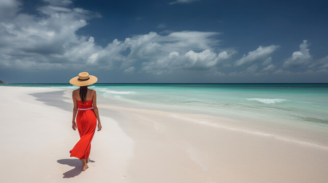 Luxury beach vacation elegant tourist woman walking relaxing in red beachwear and sunhat on white sand Caribbean beach with back view. Lady tourist on holiday vacation resort, generative ai