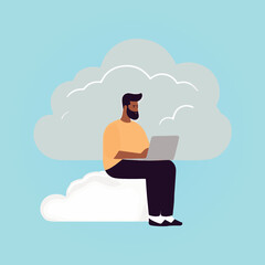 man sitting on cloud working on laptop