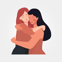 vector illustration, beautiful happy women hugging each other