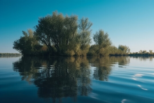 A scene in which the entire light blue sky is reflected in the water. AI generative