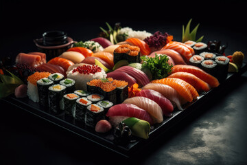 A close-up view of various types of sushi arranged on a black plate, with chopsticks and vegetables in the center, shot from above. Generative Ai