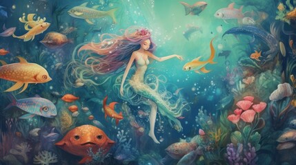 Fototapeta na wymiar Whimsical underwater world inhabited by mermaids and sea creatures