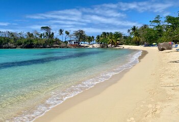 beautiful white sand and turquise water beach Rincon in Las Galeras, Samana, Dominican Republic