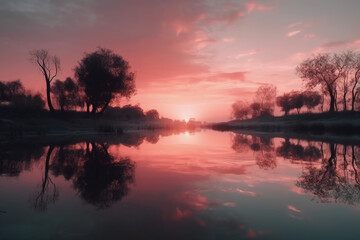 Obraz premium A scene in which the entire pink sky is reflected in the water. AI generative