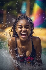 Vibrant portrait of a young black woman having the time of her life at a water park, splashing around with a carefree expression. Created with generative A.I. technology.