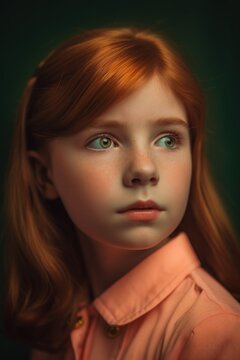 Stunning and playful close-up portrait photography of a young girl with red hair and a hint of shyness, featuring a quirky and offbeat style. Created with generative A.I. technology.